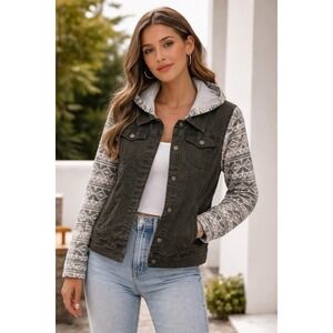 Olive green boho hooded jacket with patterned sleeves size M